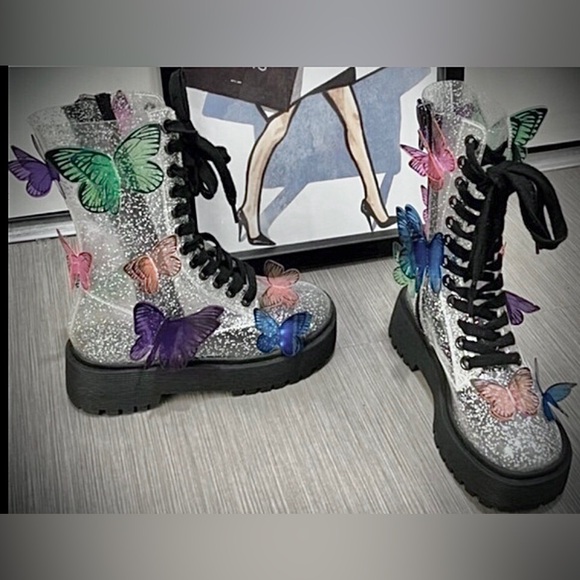 Dolls Kill Shoes - Dolls Kill Club EXX 3D butterfly Terrarium combat boots silver glitter size 5